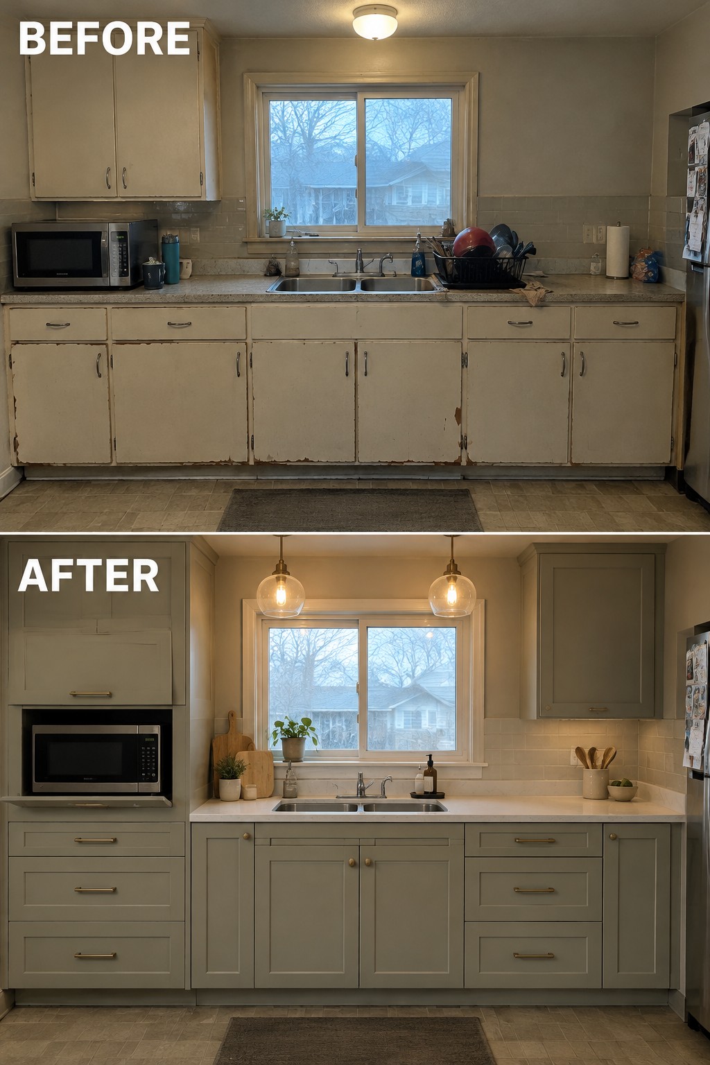 Before-and-after makeover image of an old kitchen with worn cabinets updated with fitted cabinetry, a built-in microwave, and a clear countertop.