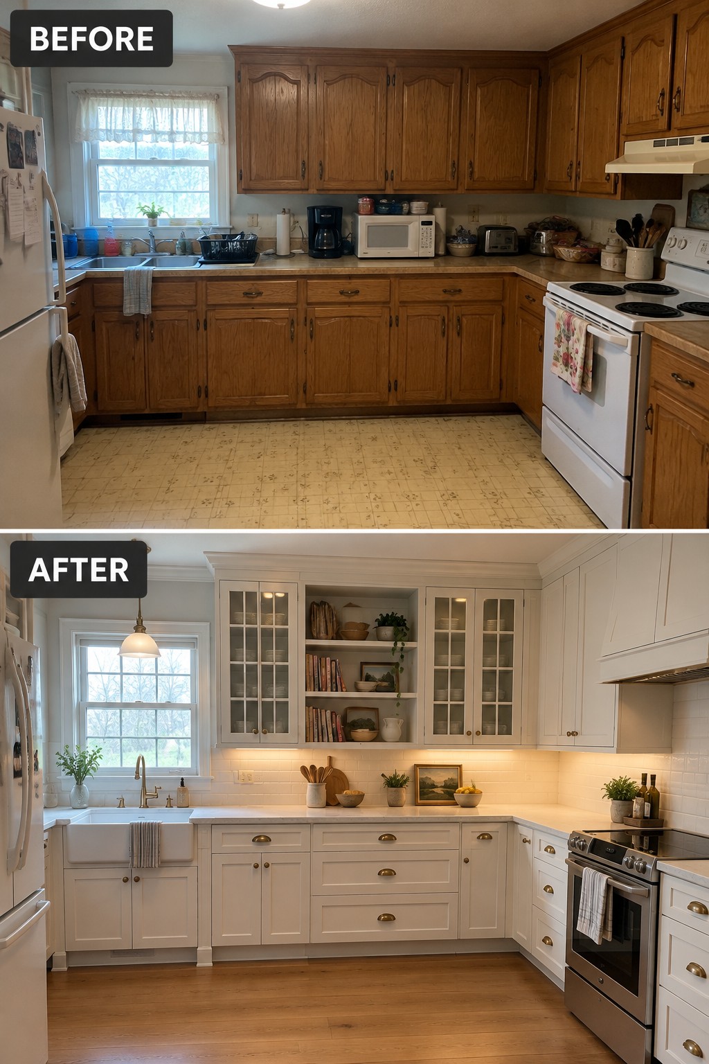 Before-and-after makeover image of an older kitchen with dark wood cabinets and patterned flooring updated with light built-in cabinets, open shelving, and wood flooring.