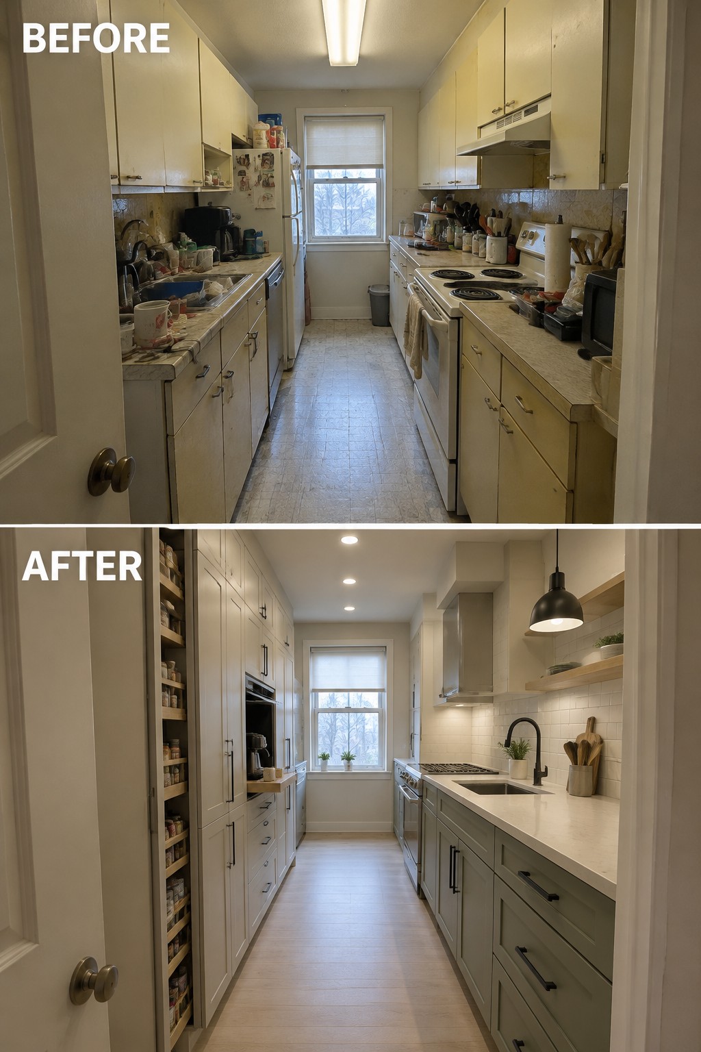 Before-and-after makeover image of a narrow kitchen updated with full-height cabinets, built-in pantry storage, and clear counters.