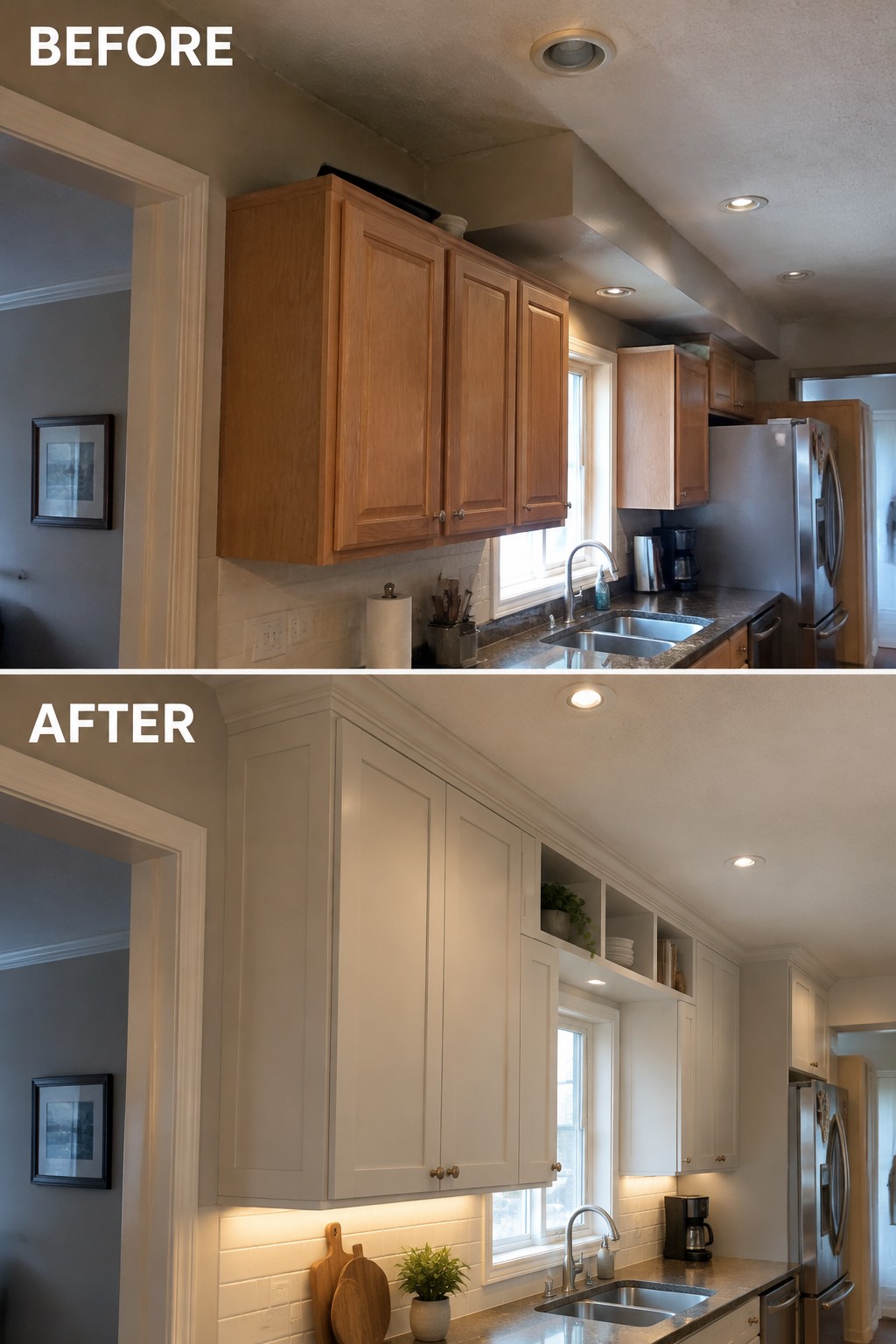 Before-and-after makeover image of a kitchen with wood cabinets replaced by light cabinetry that extends to the ceiling, with open shelves above the window.