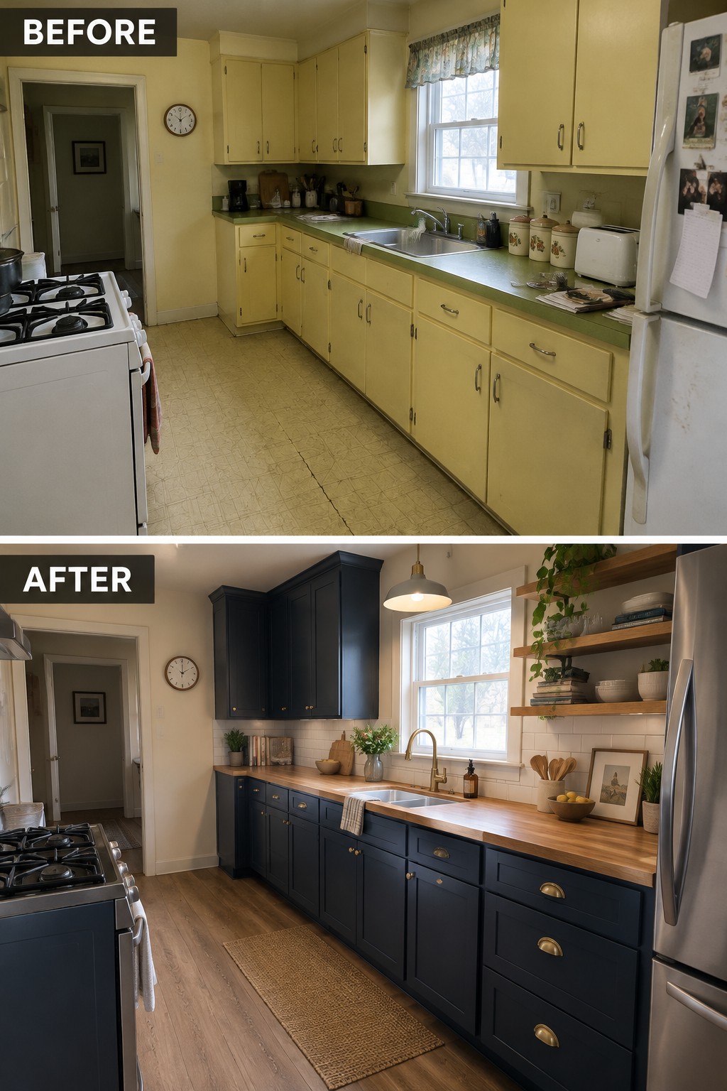 Before-and-after makeover image of an older kitchen with yellow cabinets changed to dark blue cabinetry, wood countertops, and updated wall finishes.