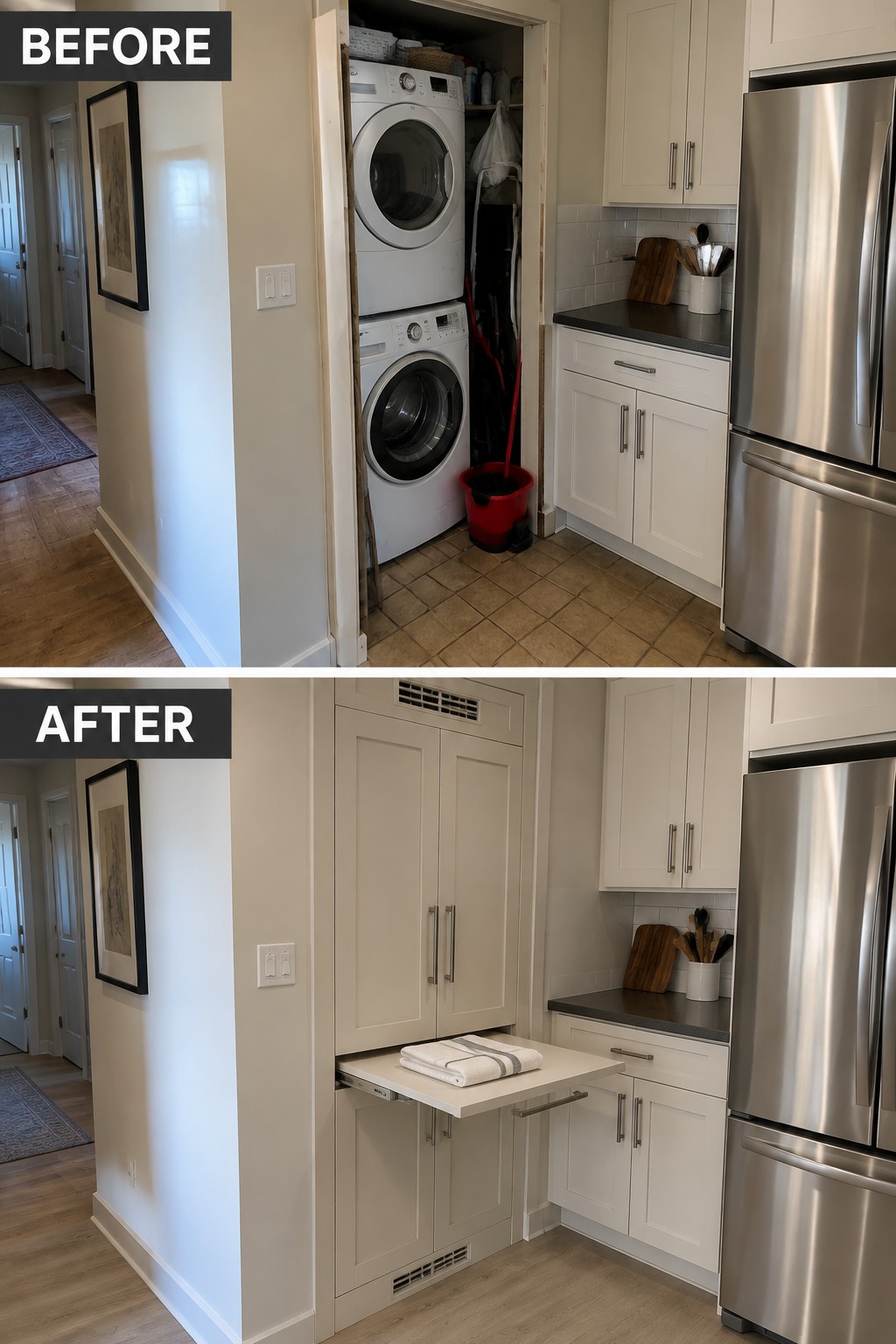 Before-and-after makeover image showing stacked laundry machines in an open kitchen closet replaced by tall cabinet doors and a pull-out folding counter.
