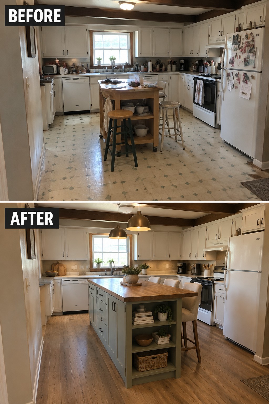 Before-and-after makeover image of a kitchen changed from a small freestanding worktable to a larger island with cabinets, open shelves, and seating.
