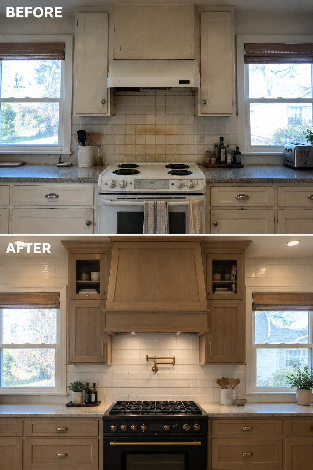 Before-and-after makeover image of an older kitchen with a basic range and hood changed to a range wall with custom wood cabinetry, a large hood surround, and a black range.