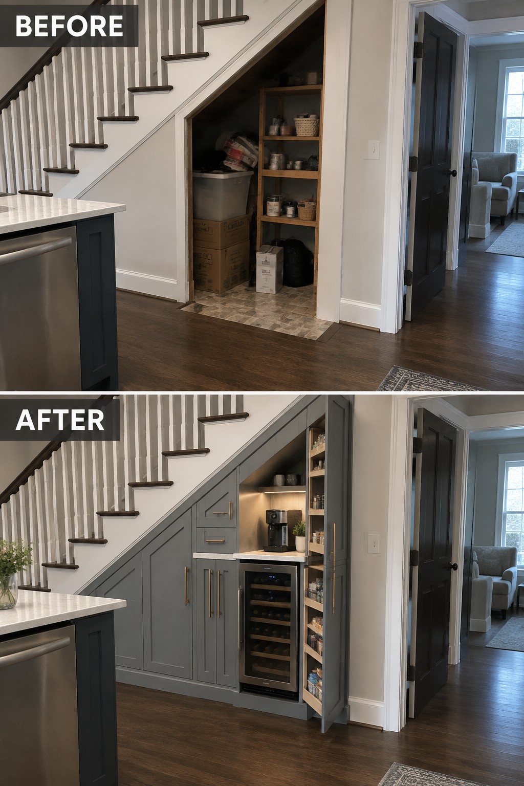 Before-and-after makeover image showing an open storage space under a staircase replaced with gray built-in kitchen cabinets, open shelves, a counter, and a beverage fridge.