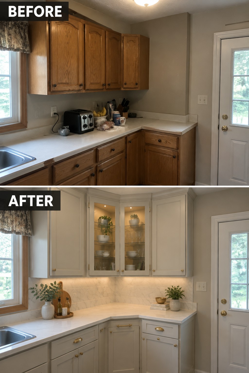 Before-and-after makeover image of a kitchen with dark wood cabinets updated with light painted cabinetry and glass-front upper cabinets.