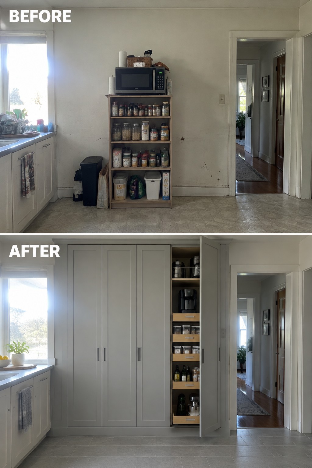 Before-and-after makeover image of a kitchen wall with open pantry shelves replaced by tall built-in cabinets and a narrow pull-out pantry.