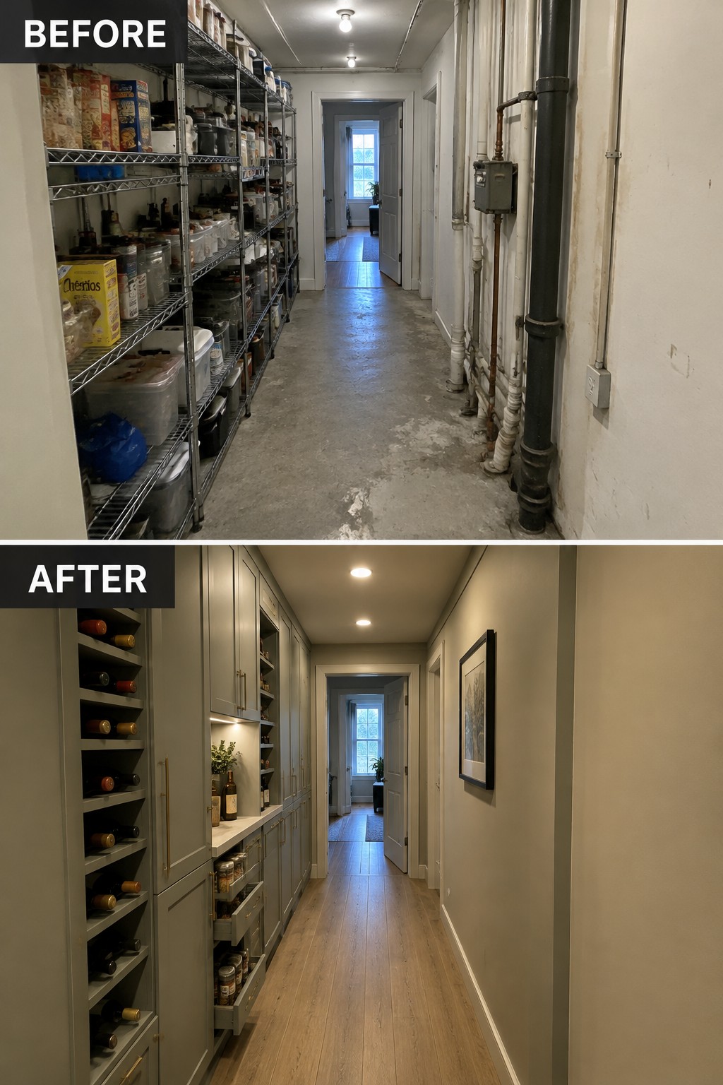 Before-and-after makeover image of a narrow storage hallway changed from open wire shelves and exposed pipes to built-in gray cabinets, a wood floor, and a clear walkway.
