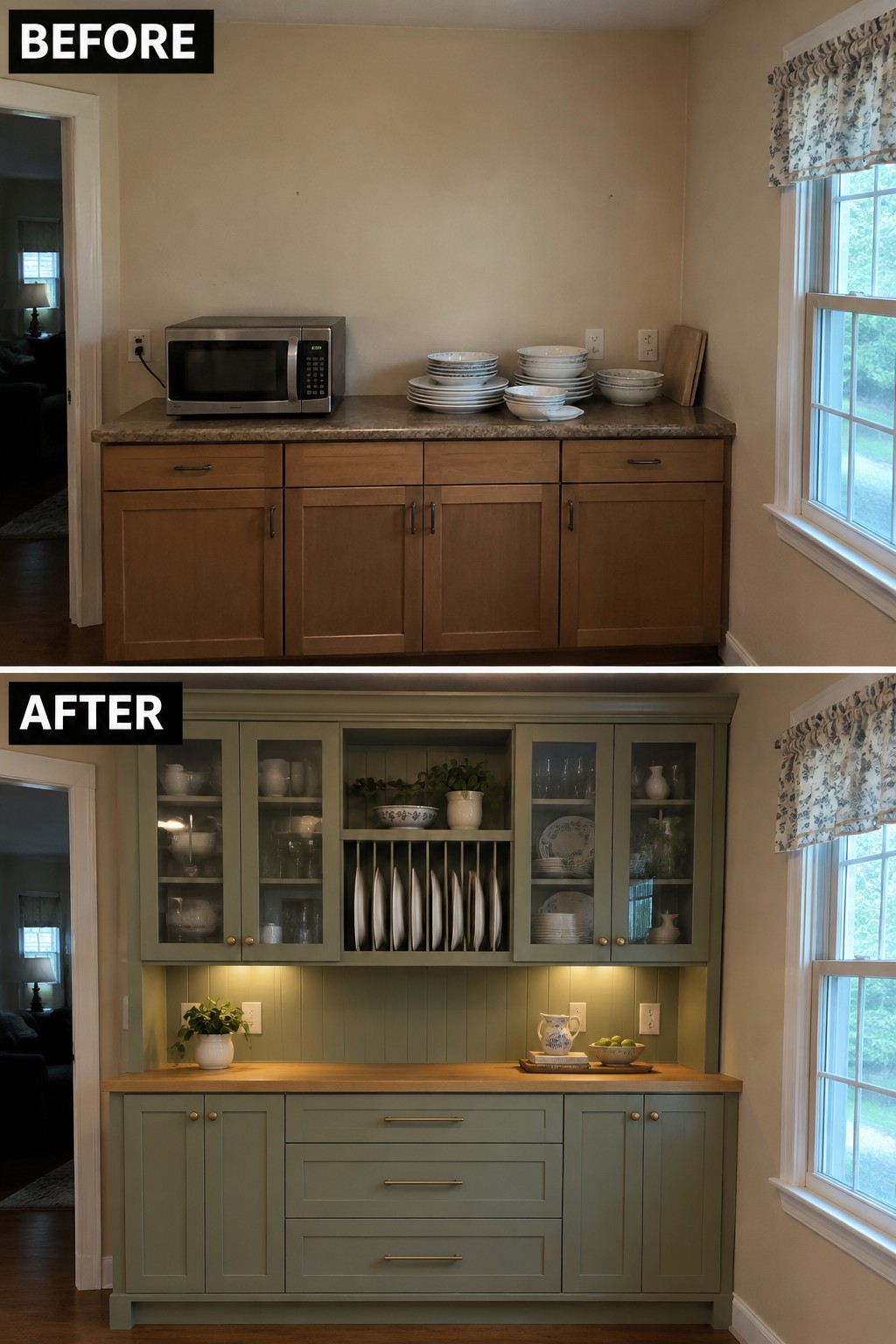 Before-and-after makeover image of a kitchen wall with base cabinets and dishes on the counter, updated with sage-green upper cabinets, open plate storage, and a wood countertop.