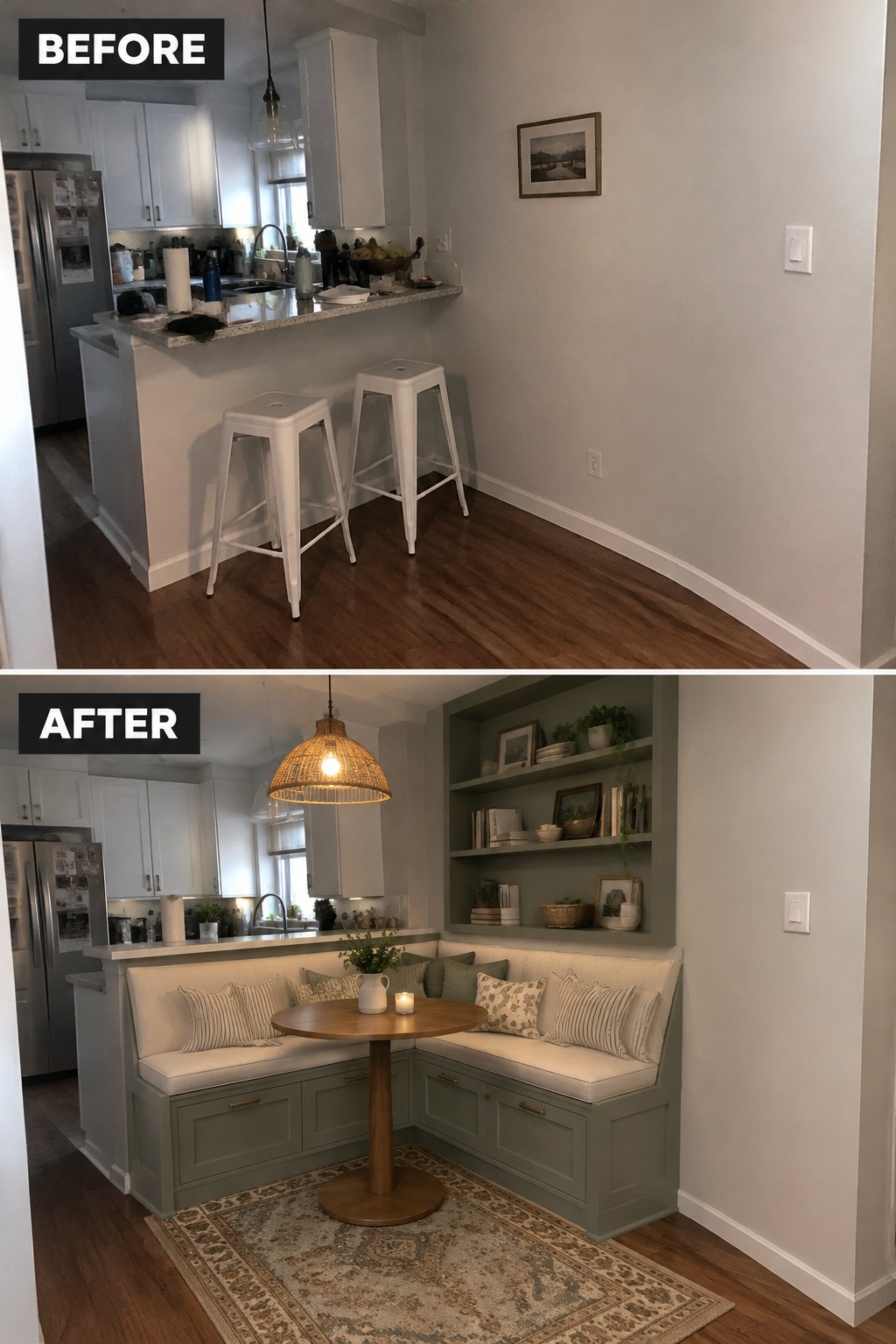 Before-and-after makeover image of an empty kitchen dining area changed into a corner bench nook with a round table and built-in shelves.