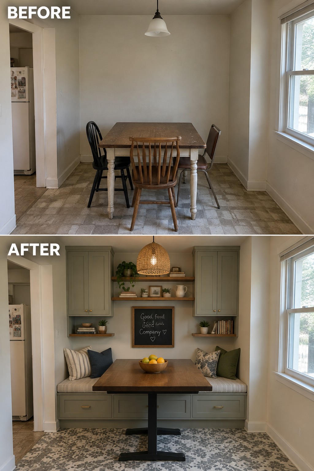 Before-and-after makeover image of a dining nook changed from a table and loose chairs to built-in bench seating with storage drawers.