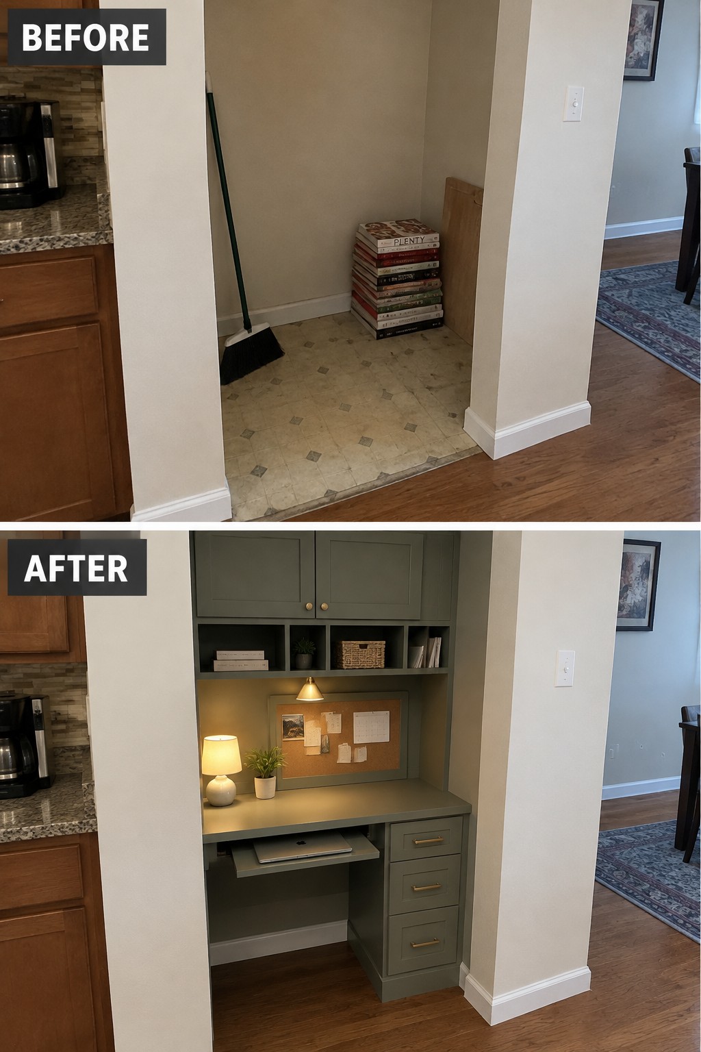 Before-and-after makeover image of an empty kitchen alcove converted into a built-in desk area with cabinets, shelves, and drawers.