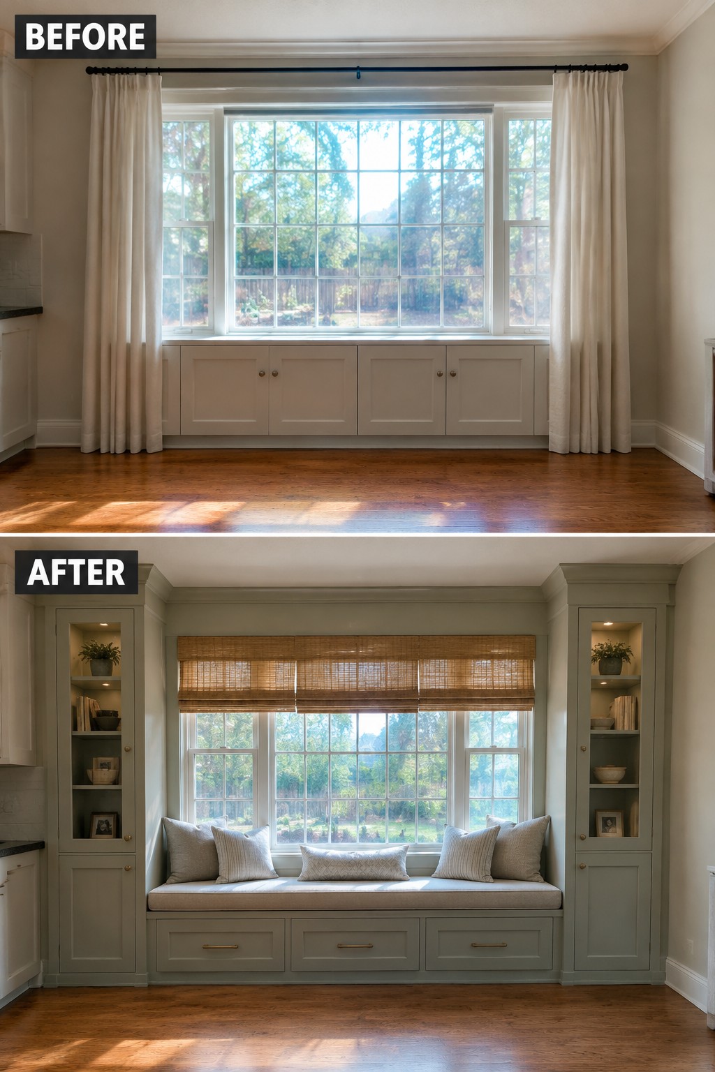 Before-and-after image of an empty kitchen window area changed into built-in seating with side cabinets and drawers beneath the seat.