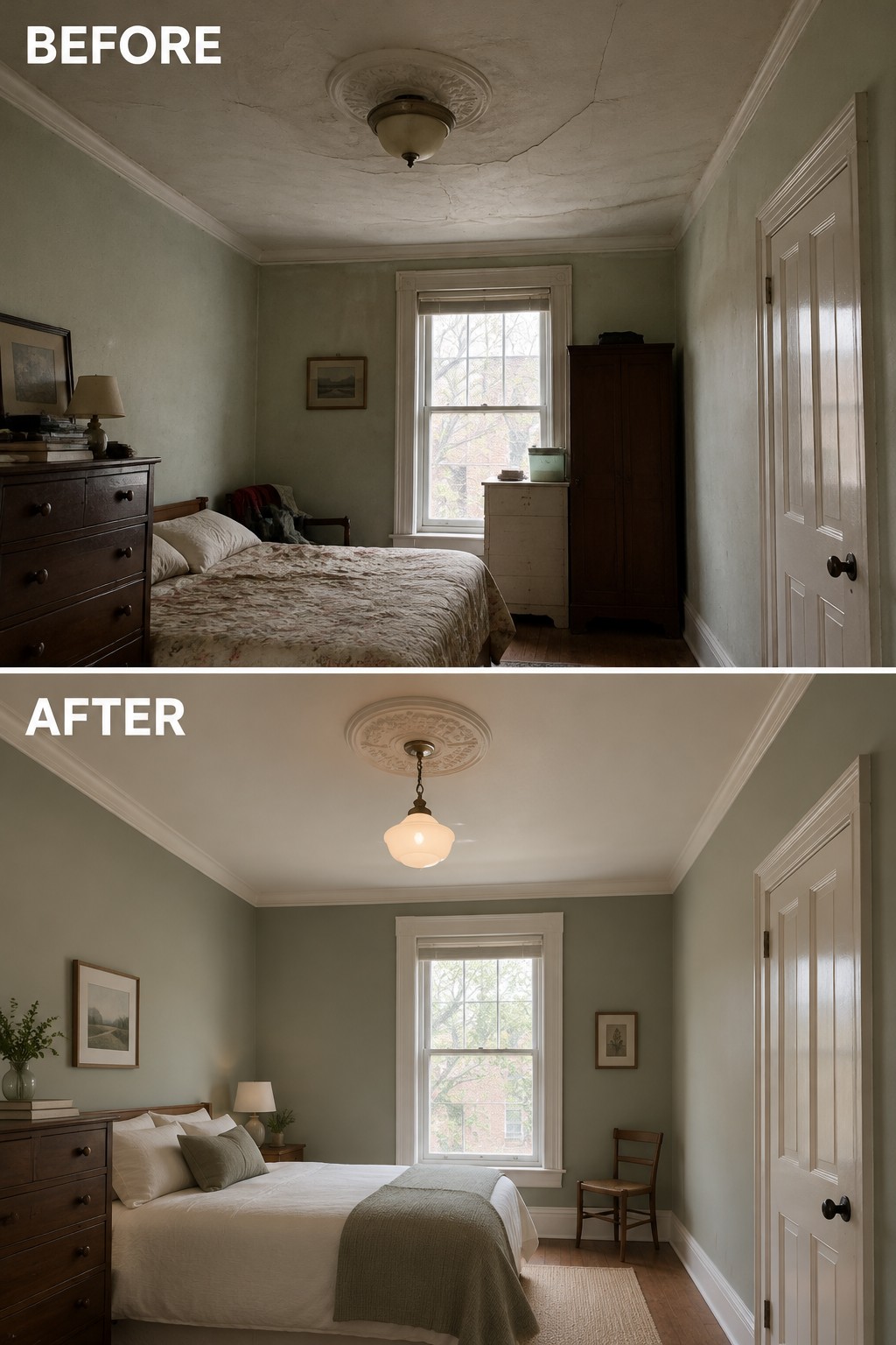 Before-and-after makeover image of an older bedroom with a cracked ceiling and cluttered furnishings updated with a repaired ceiling, fresh bedding, and a simpler furniture arrangement.
