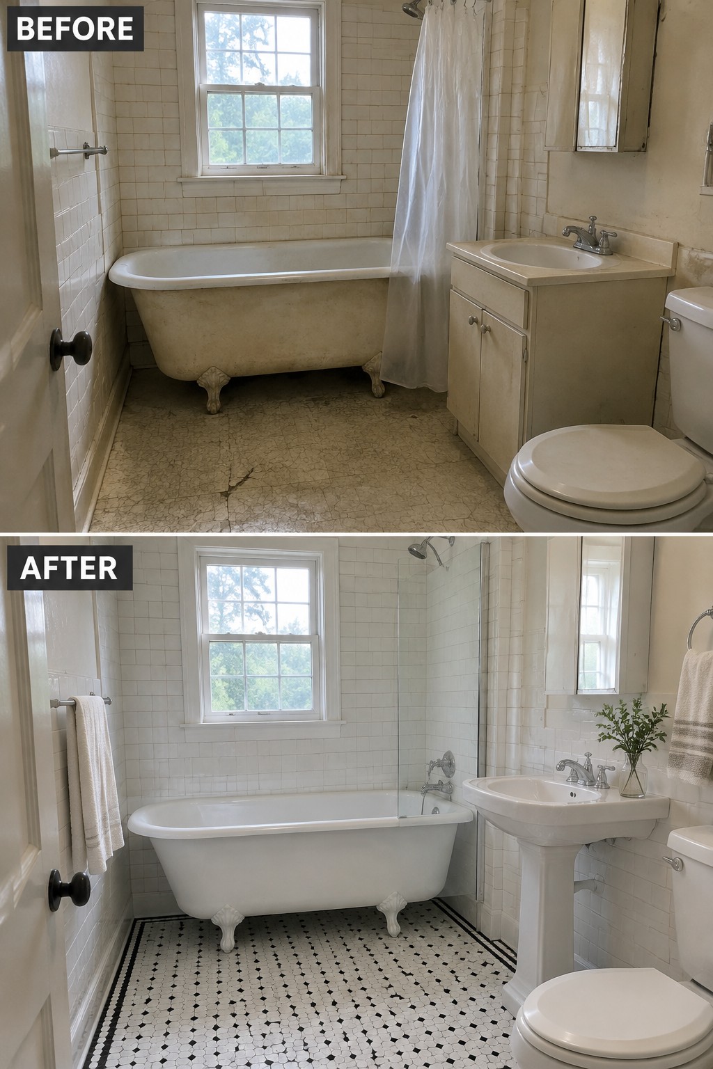 Before-and-after makeover image of an older bathroom updated with black-and-white floor tile and a refreshed claw-foot tub area.