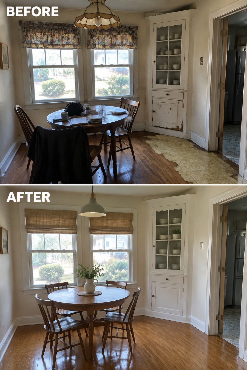 Before-and-after makeover image of a dining room updated with woven window shades, a simple pendant light, and a clearer table arrangement.