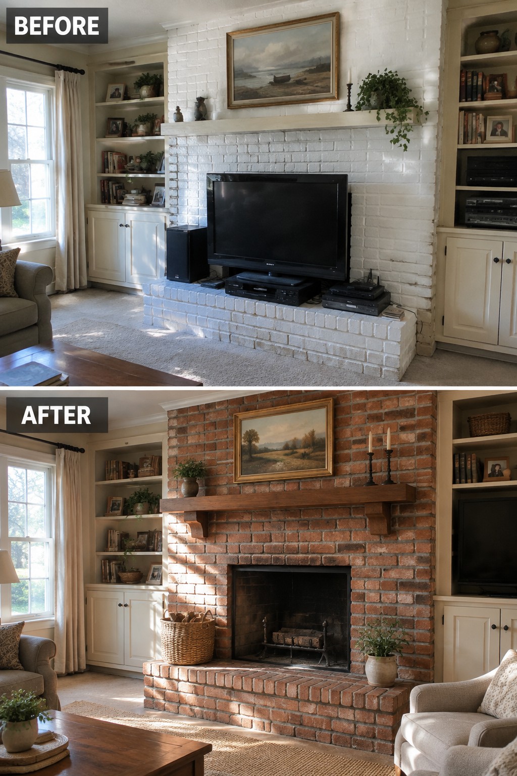 Before-and-after makeover image of a living room fireplace, changing from white-painted brick with a television to exposed red brick with a wood mantel.