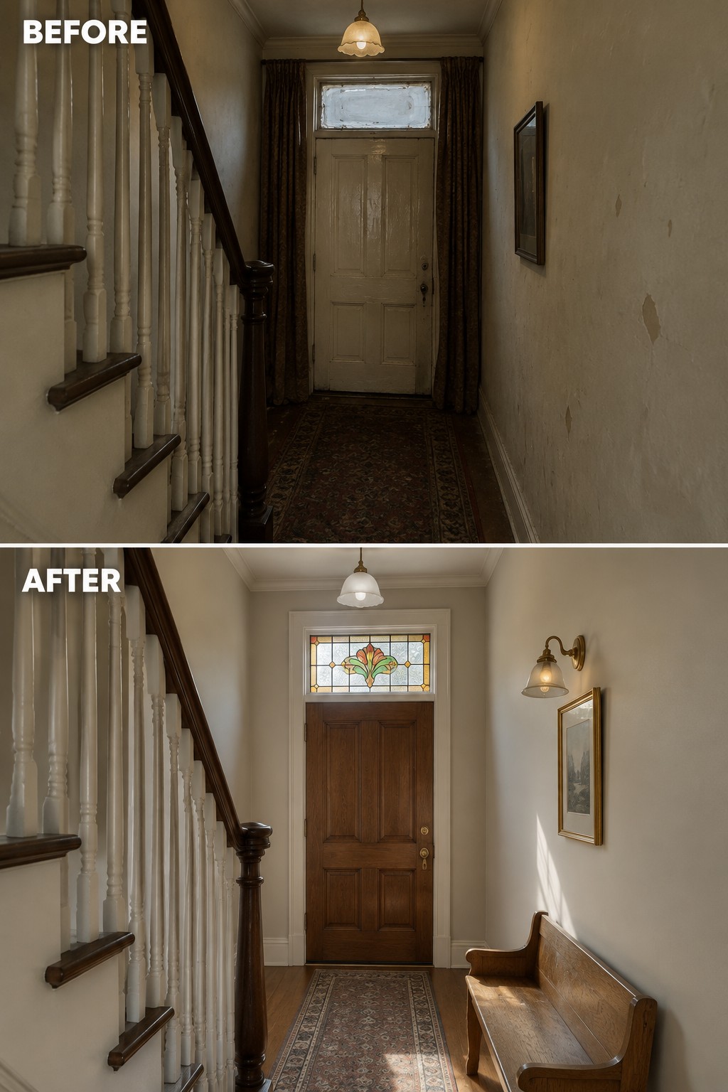 Before-and-after makeover image of an old hallway updated with a restored wood front door and stained-glass transom.