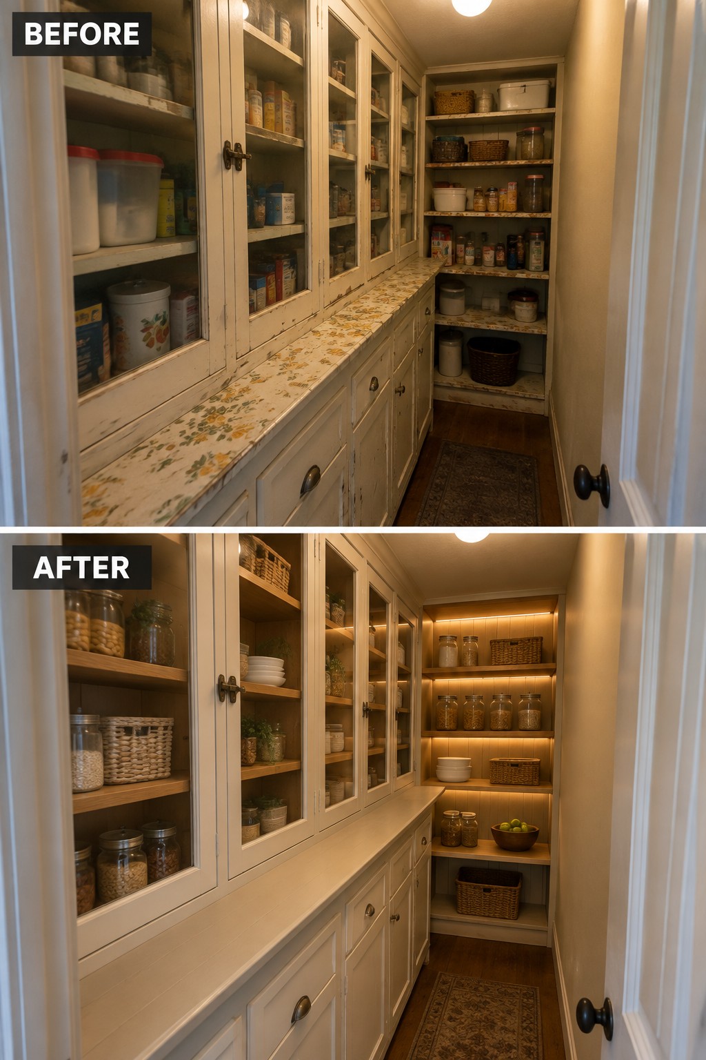 Before-and-after makeover image of a pantry with original glass-front cabinets, updated shelving, a plain countertop, and organized jars and baskets.