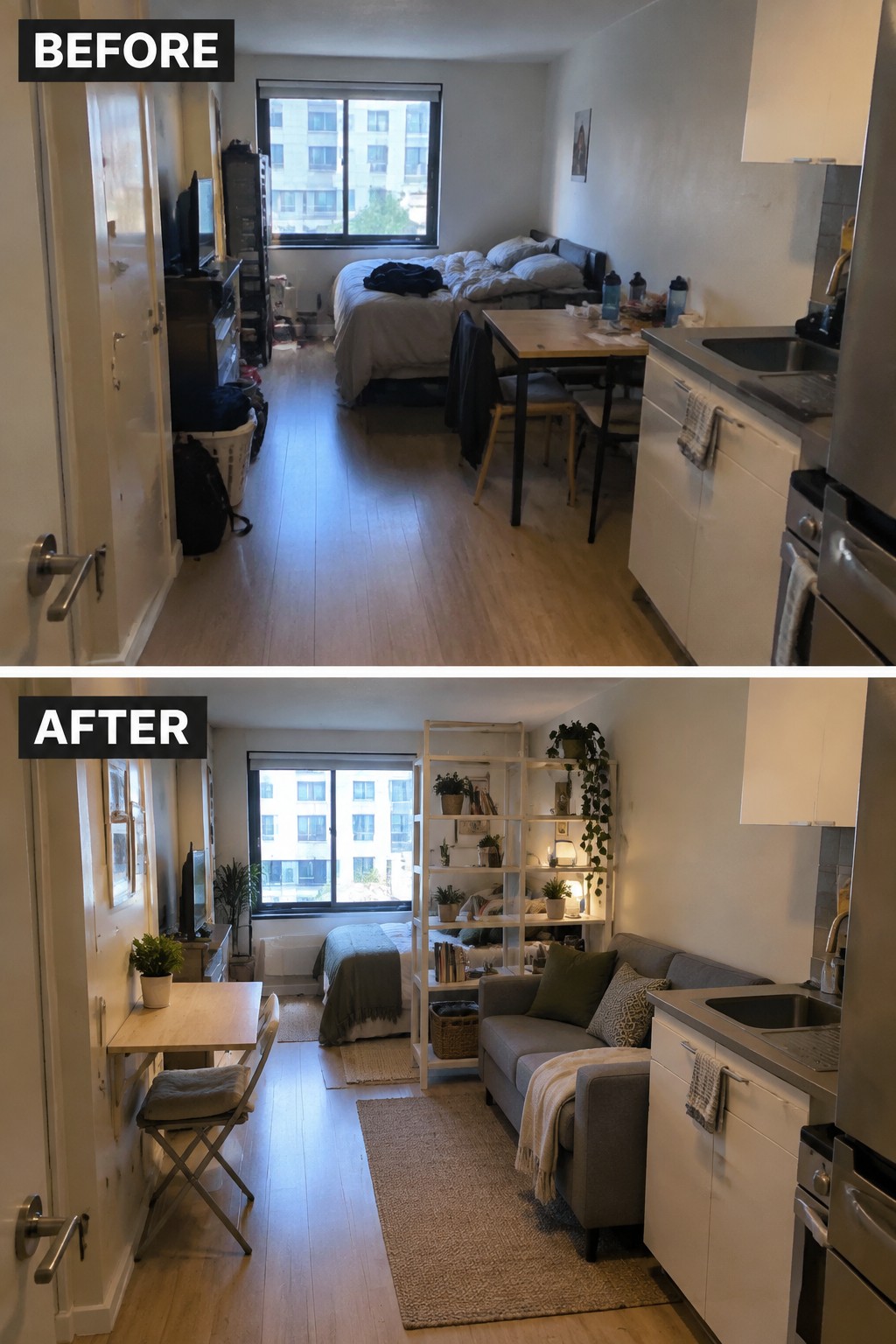 Before-and-after makeover image of a cluttered studio apartment rearranged with an open shelving divider between the bed and a small living area.