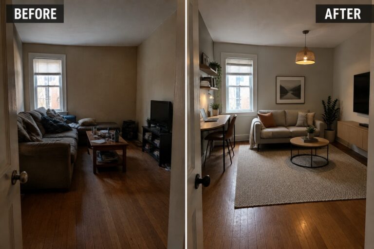 Before-and-after makeover image of a small living room changed from a dark room with an oversized sofa to a brighter layout with a compact sofa, rug, and desk.