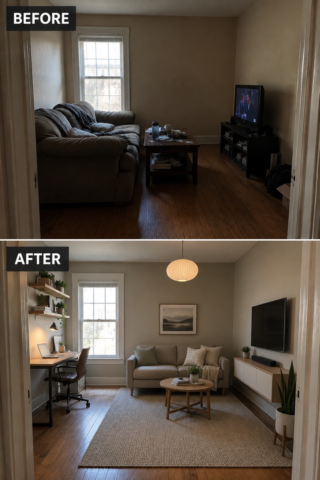 Before-and-after makeover image of a small living room changed from a dark room with an oversized sofa to a brighter layout with a compact sofa, rug, and desk.