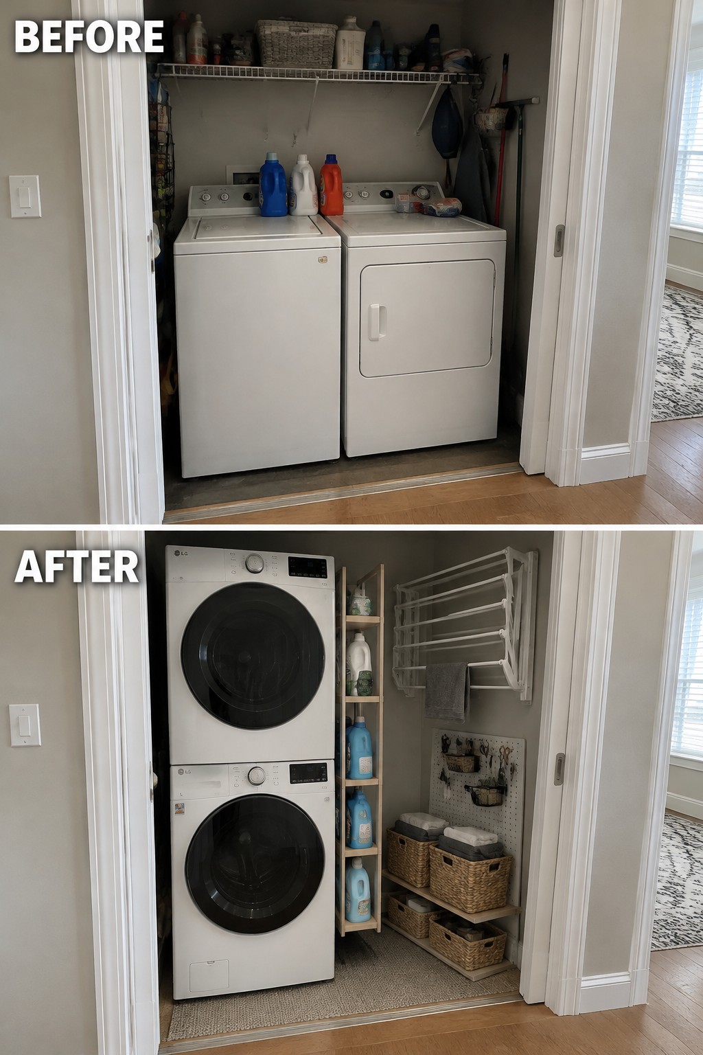 Before-and-after makeover image of a laundry closet changed from side-by-side top-loading machines and an overhead shelf to stacked front-loading machines with narrow storage shelving and a wall-mounted drying rack.