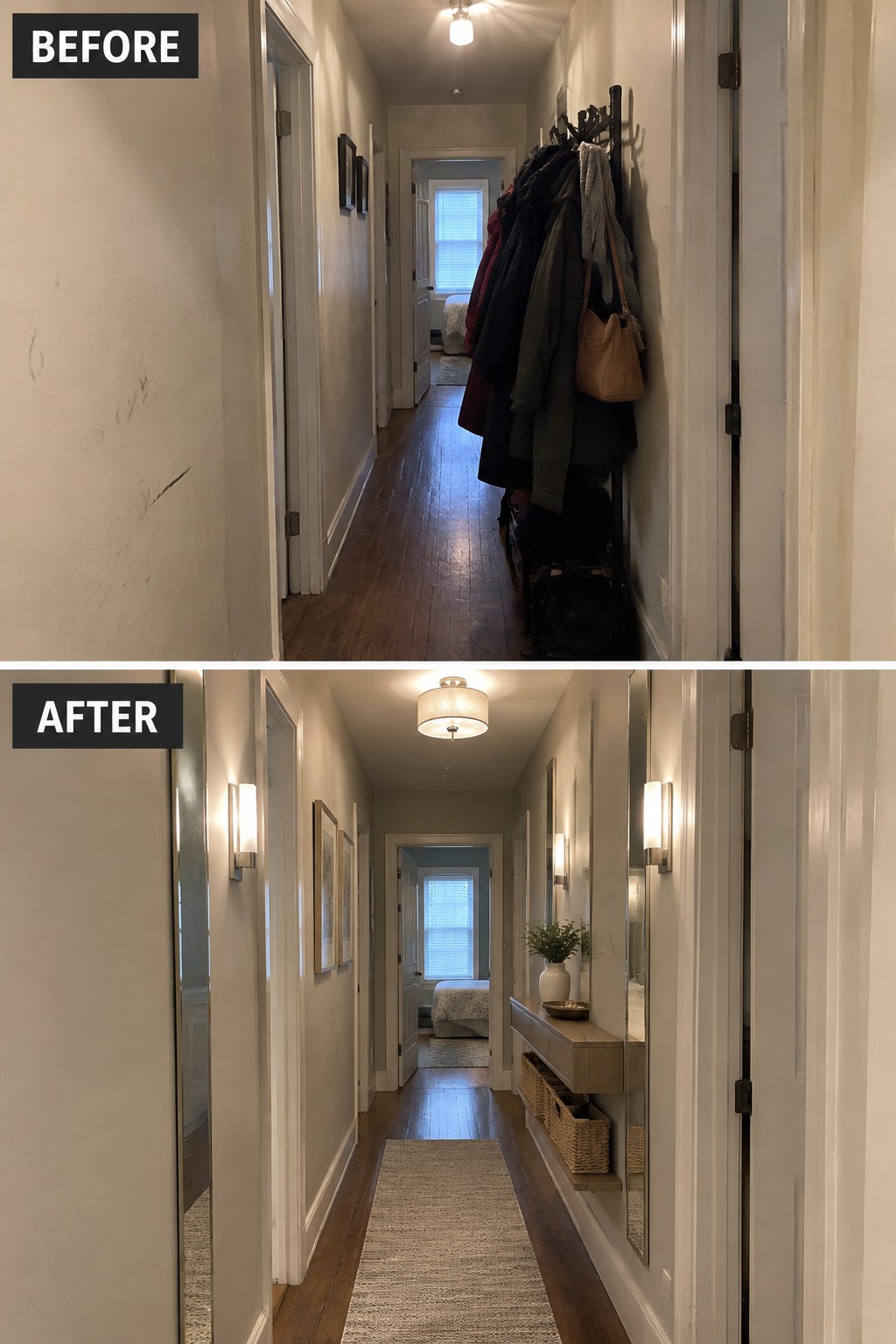 Before-and-after makeover image of a narrow hallway changed from crowded coat storage to a clear walkway with a runner and slim console.