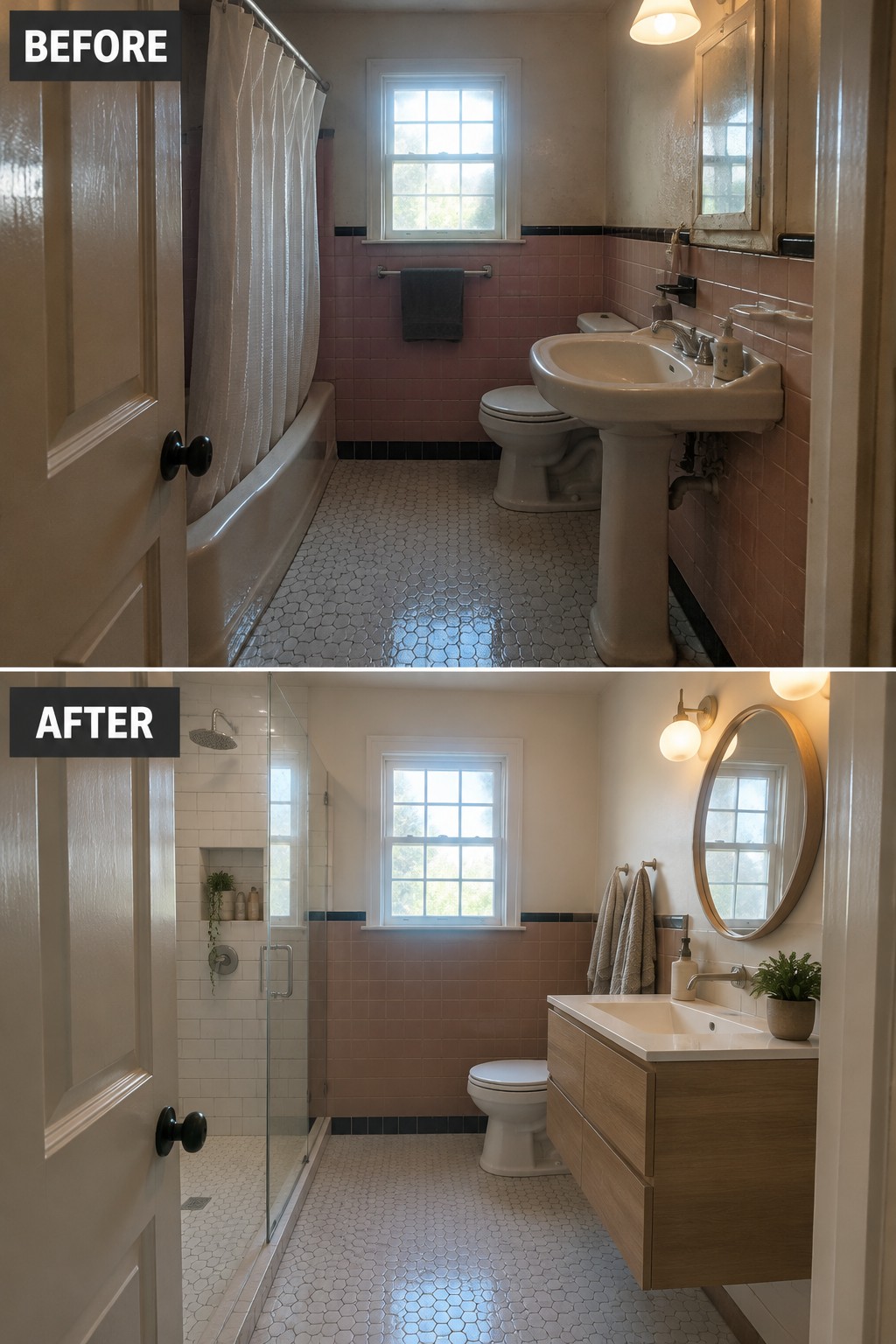 Before-and-after makeover image of a small bathroom changed from a tub and pedestal sink to a walk-in shower and vanity.