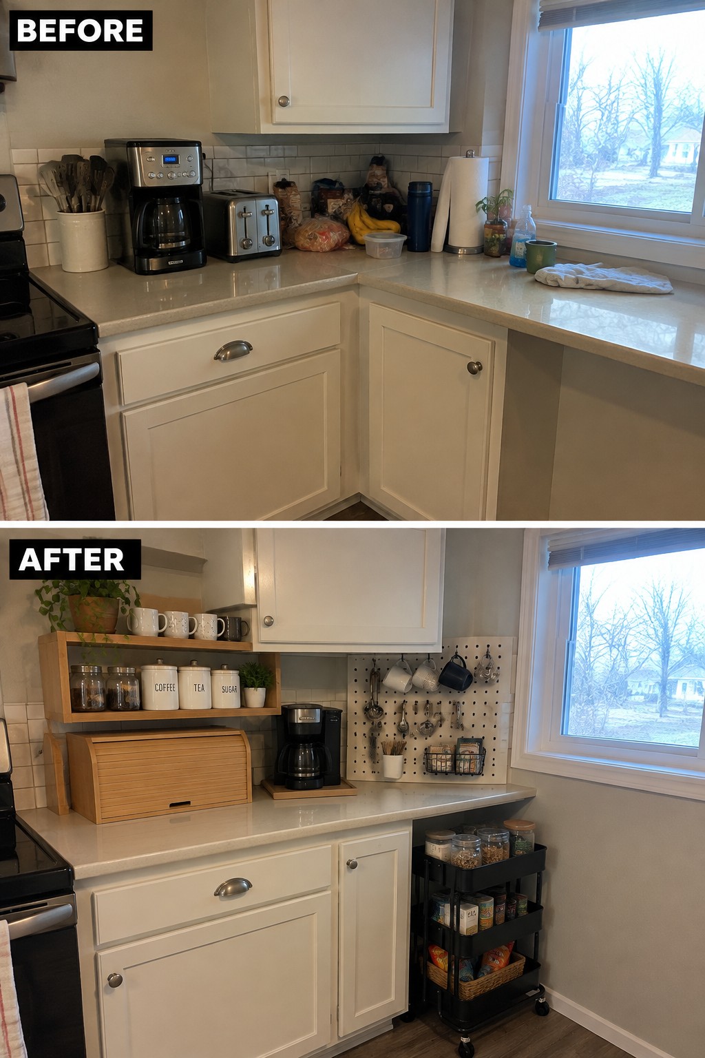 Before-and-after makeover image of a cluttered kitchen counter reorganized with wall shelves, a bread box, a pegboard, and a rolling storage cart.