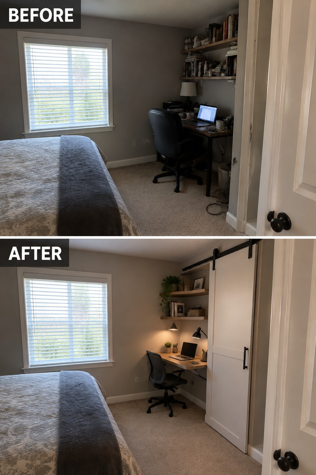 Before-and-after makeover image of a bedroom desk area changed from a crowded office setup to a compact workspace with a sliding door.