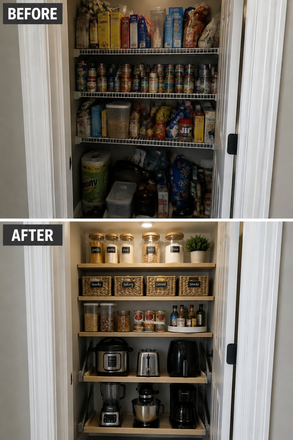 Before-and-after makeover image of a cluttered pantry reorganized with labeled containers, baskets, and shelves for small kitchen appliances.