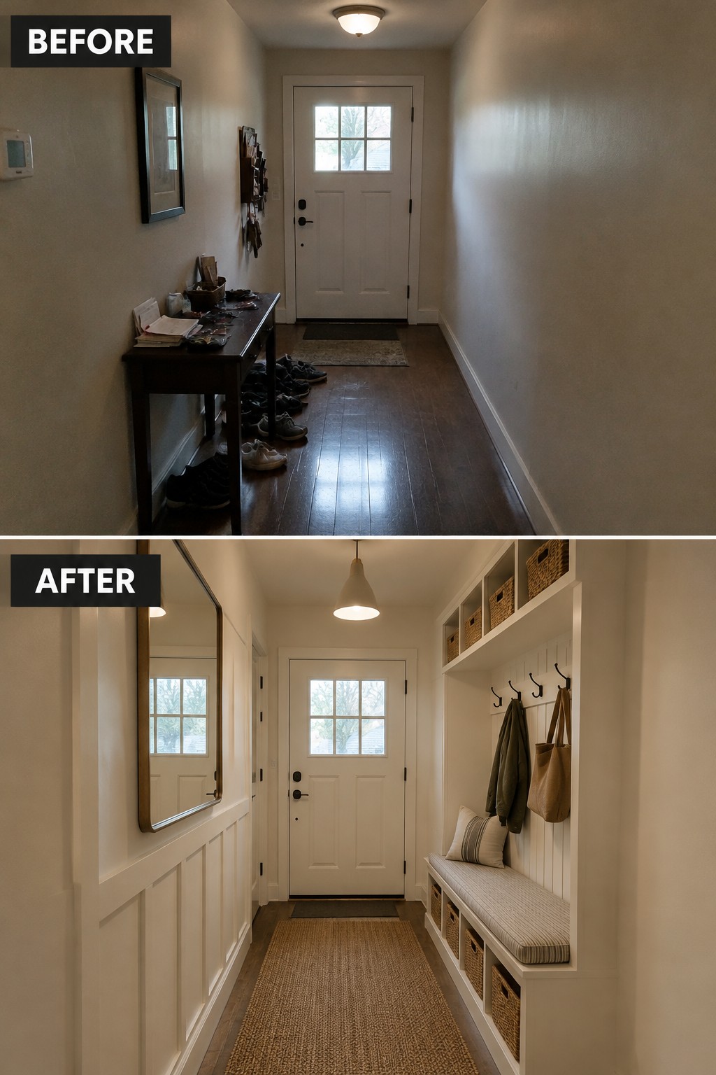 Before-and-after makeover image of a narrow entry hall changed from a console table and scattered shoes to a built-in bench with hooks and storage.