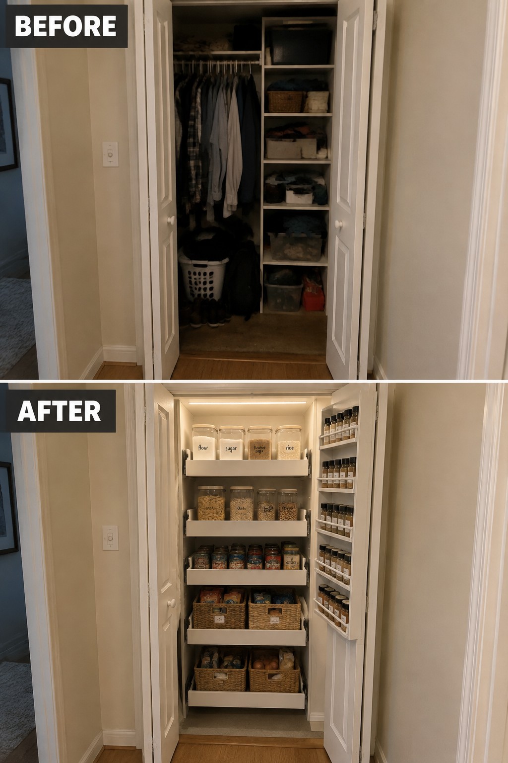 Before-and-after makeover image of a crowded clothing closet converted into a pantry with pull-out shelves, food containers, baskets, and spice racks.