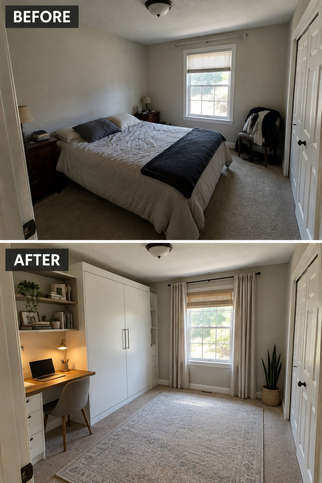 Before-and-after makeover image of a bedroom changed into a home office with a built-in desk, storage cabinet, curtains, and area rug.