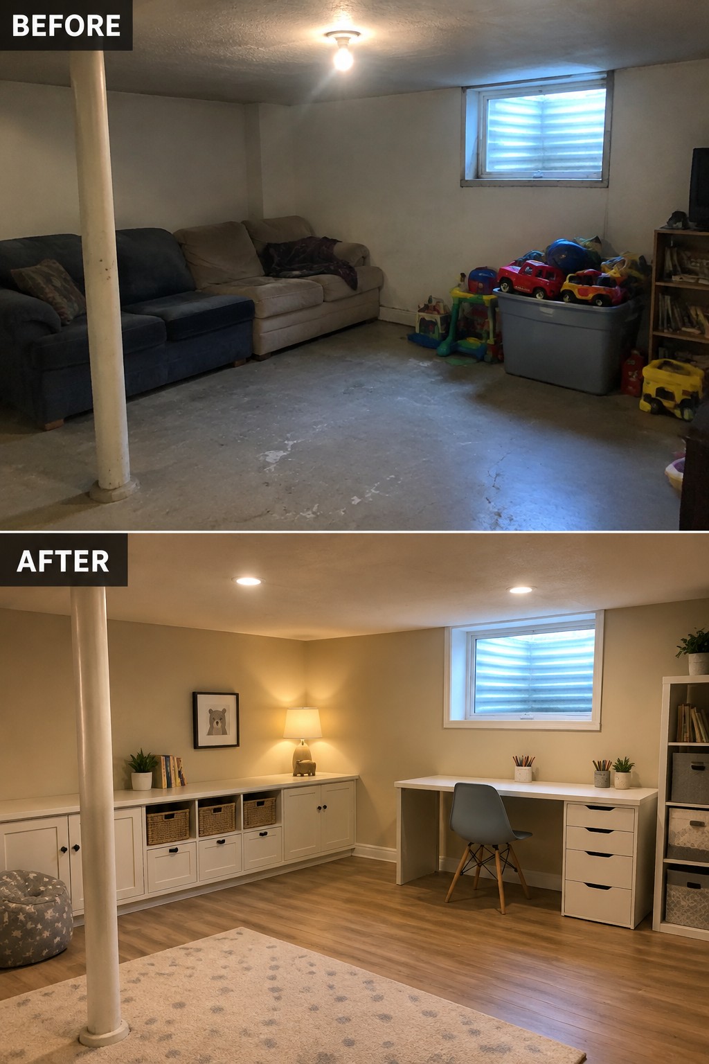 Before-and-after makeover image of a basement lounge changed into a workroom with built-in cabinets, desks, and wood flooring.