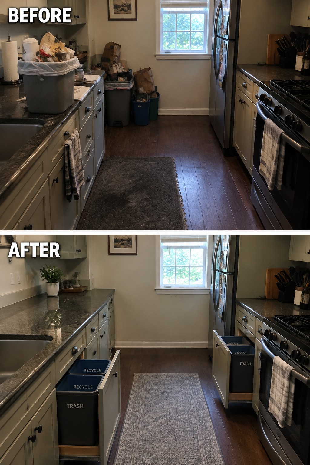Before-and-after makeover image of a cluttered galley kitchen with countertop trash bins changed to a clear counter and pull-out waste and recycling bins.