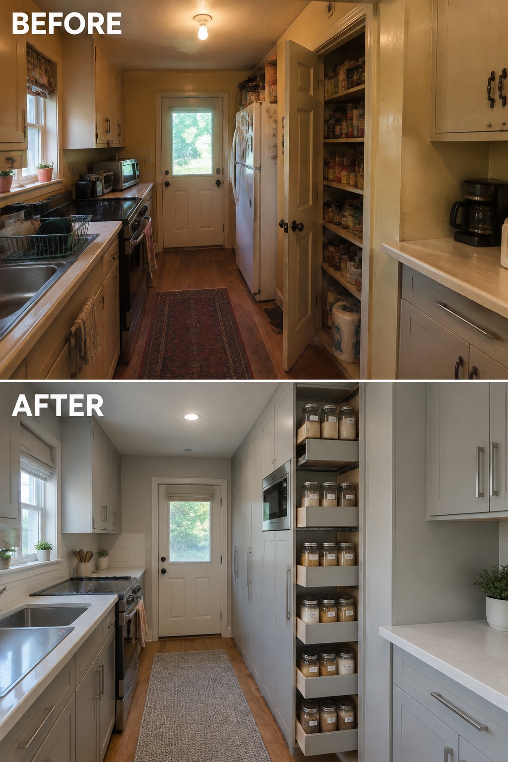 Before-and-after makeover image of a galley kitchen, changing from a cluttered pantry and dated cabinets to a remodel with organized pull-out pantry shelves and updated cabinetry.