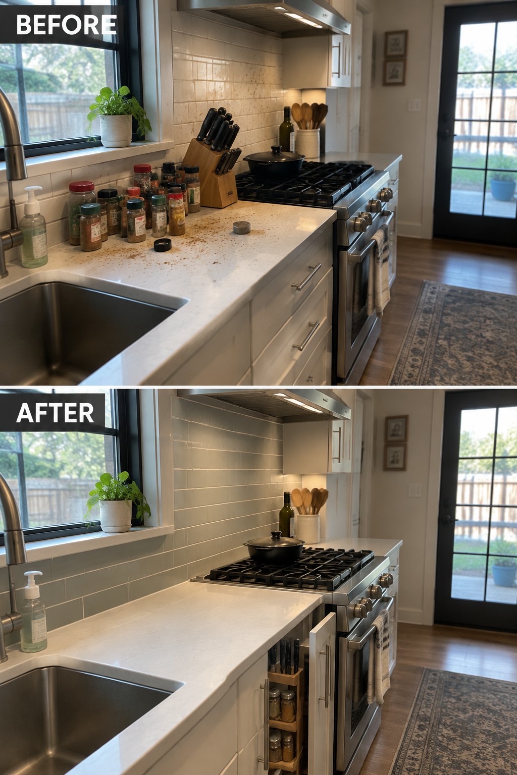 Before-and-after image of a galley kitchen with cluttered counters changed to a clear work surface and narrow pullout storage beside the range.