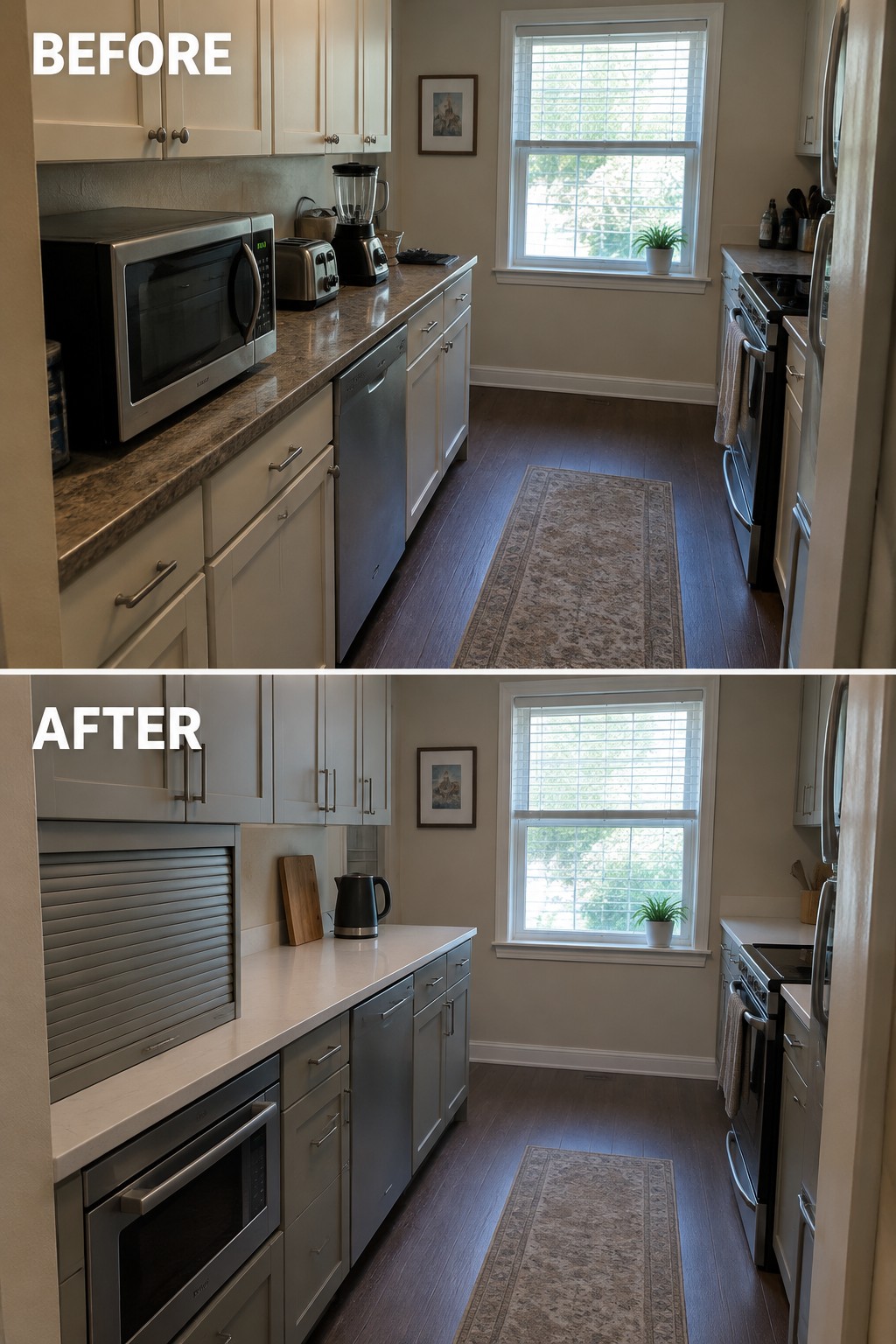 Before-and-after image of a galley kitchen with crowded counters and countertop appliances changed to a clear counter with a built-in microwave and concealed appliance storage.
