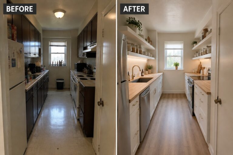 Before-and-after makeover image of a narrow galley kitchen updated with white cabinets, open shelves, light countertops, and wood flooring.