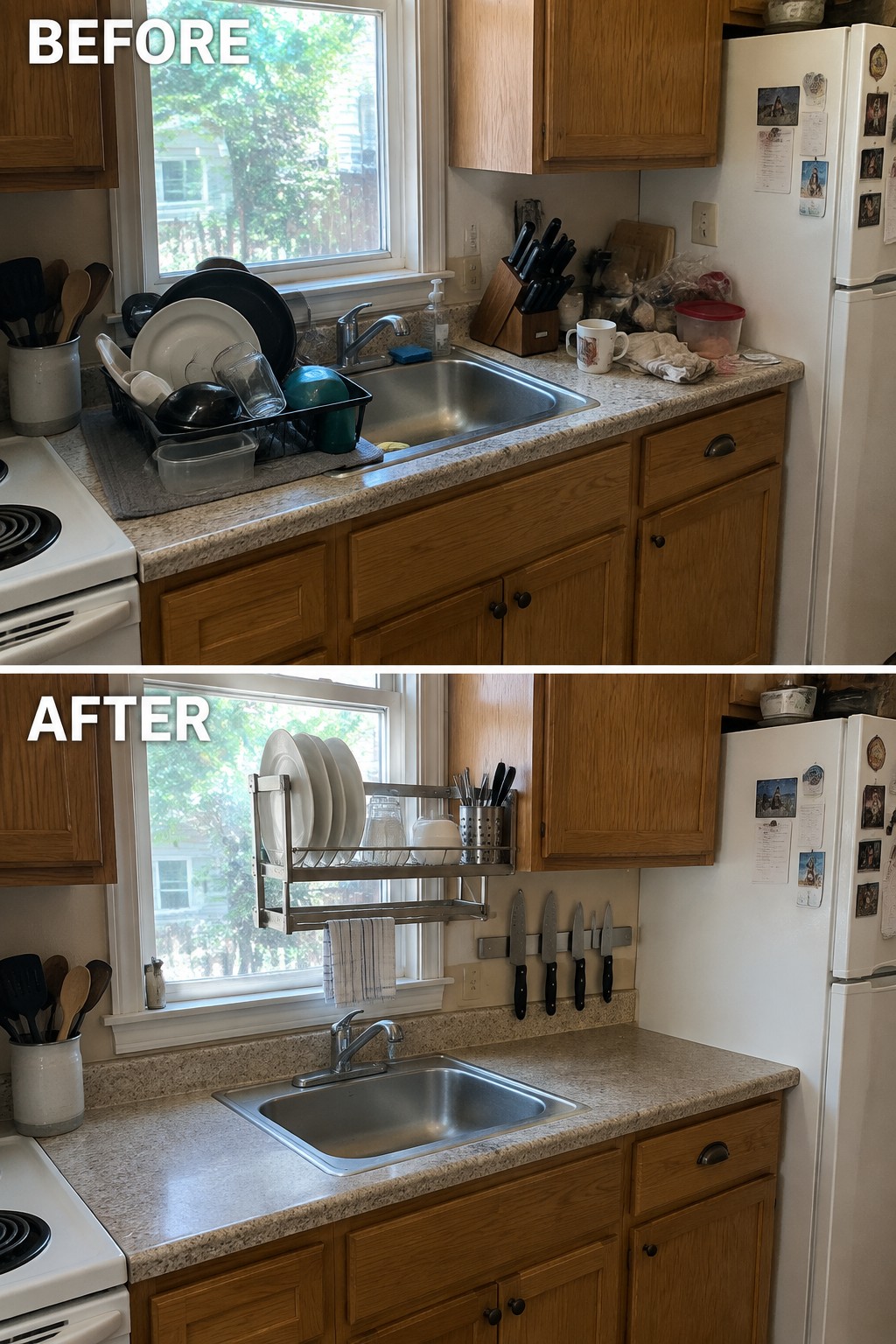 Before-and-after makeover image of a crowded kitchen sink counter cleared by moving dishes to a wall-mounted rack above the sink.