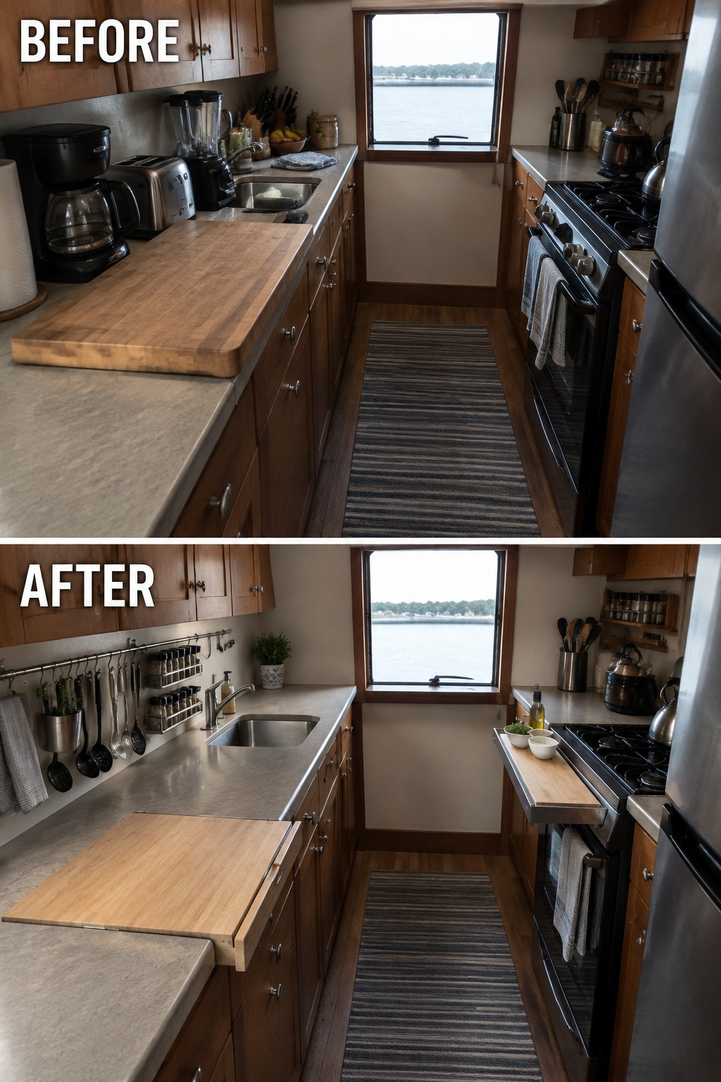 Before-and-after image of a galley kitchen with crowded counters changed to clearer work surfaces, wall-mounted utensils, and a pull-out cutting board.