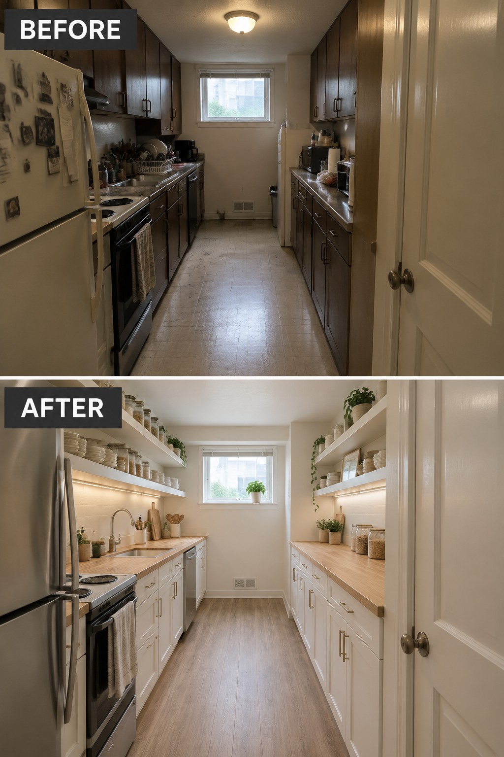 Before-and-after makeover image of a narrow galley kitchen updated with white cabinets, open shelves, light countertops, and wood flooring.