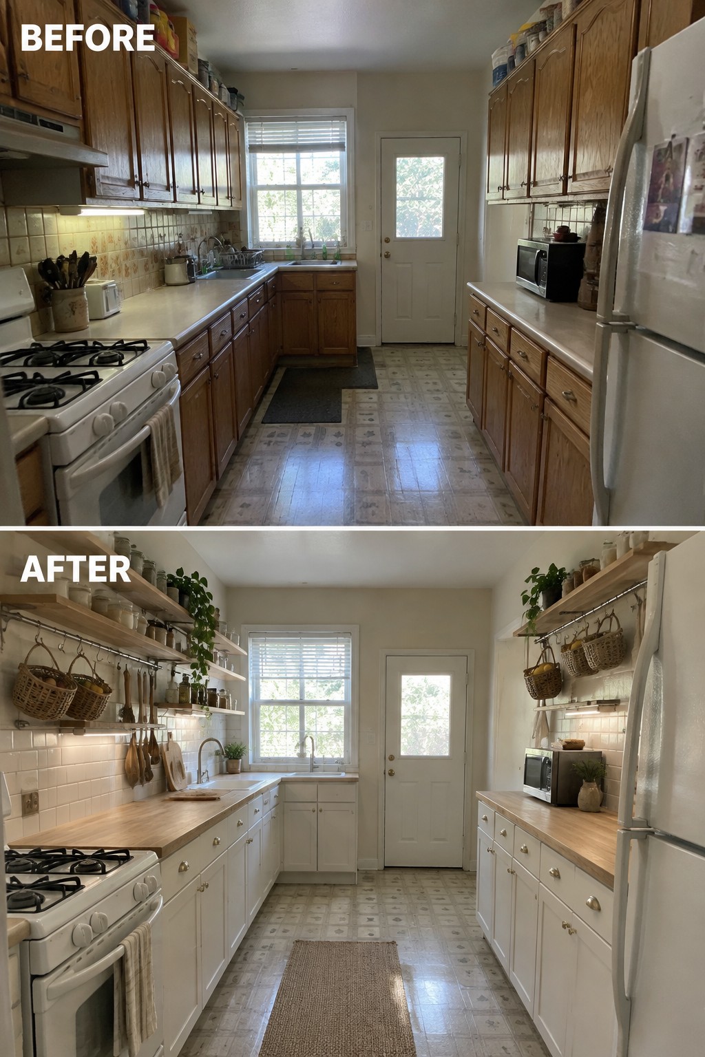 Before-and-after makeover image of a galley kitchen changed from wood upper cabinets and dark lower cabinets to open wood shelves and light-colored lower cabinets.