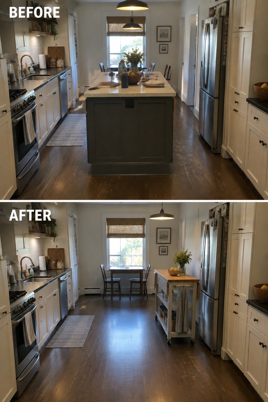 Before-and-after makeover image of a galley kitchen with a large fixed island replaced by a narrow wheeled worktable and a small dining table.
