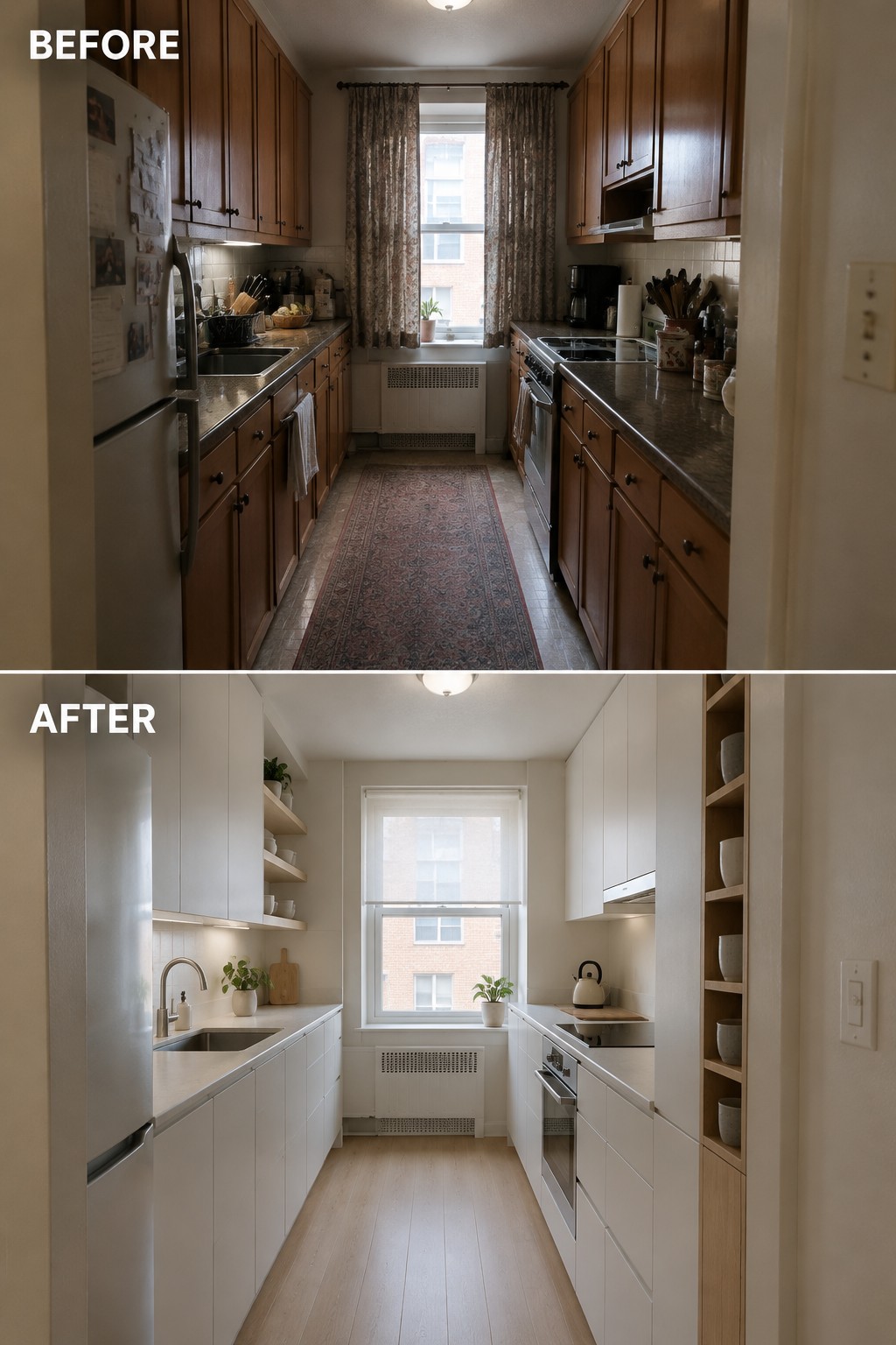 Before-and-after makeover image of a galley kitchen changed from dark wood cabinets and patterned curtains to light streamlined cabinets and a brighter, simpler finish.