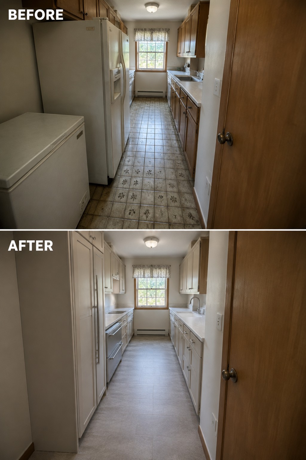 Before-and-after makeover image of a narrow galley kitchen updated with light cabinets, new flooring, and modern appliances.