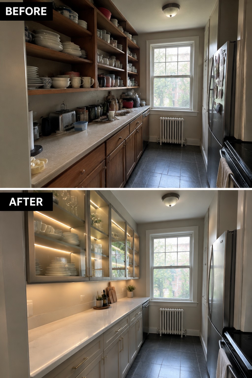 Before-and-after makeover image of a galley kitchen with crowded open shelves updated with glass-front cabinets and a clear countertop.