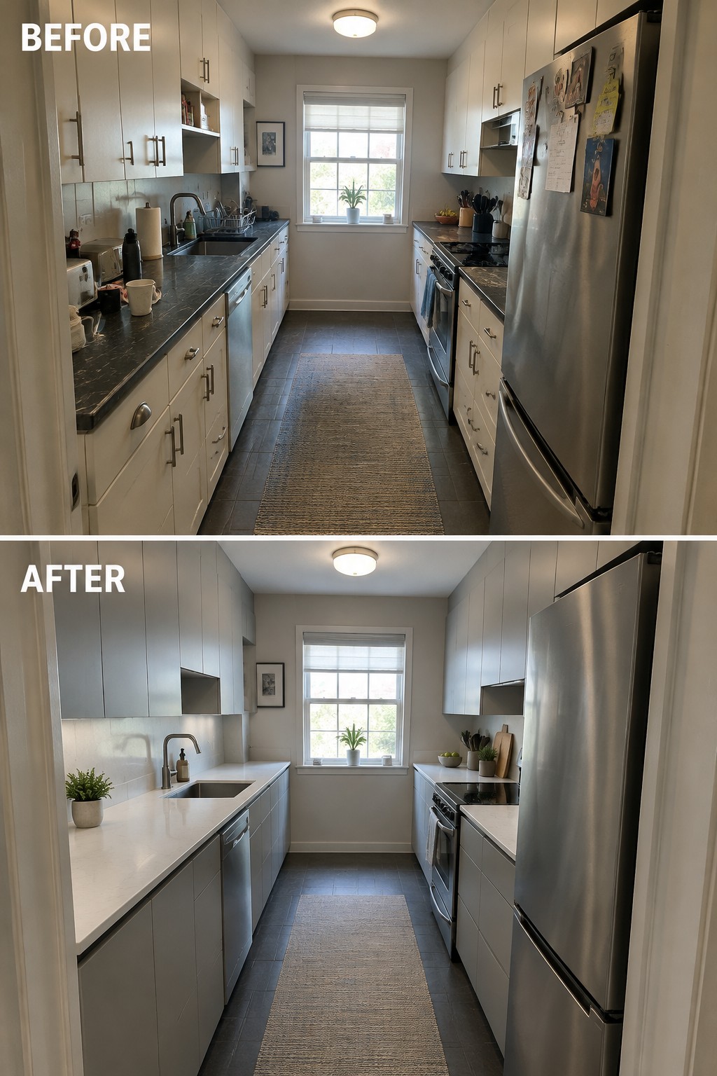 Before-and-after makeover image of a galley kitchen updated with streamlined gray cabinets, pale countertops, and clearer work surfaces.